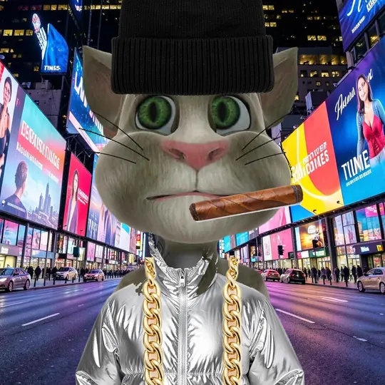 The cat in Times Square with a cigar and a gold chain