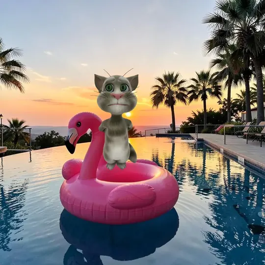 The cat on a flamingo float